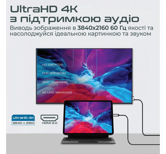 Promate Кабель Promate USB Type-C - HDMI V 2.0 (M/M), 1.8 м, HDMI-PD100 Grey (hdmi-pd100.grey)