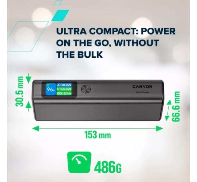 Canyon Батарея універсальна Canyon 20000mAh OnPower 230 TFT PD/130W Dark Grey (CNS-CPB230DG)
