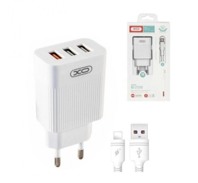 XO Зарядний пристрій XO QC 3.0 L72 30W (18W/1USB + 2.4A/2 USB) + cable Lightning White (XO-L72i-WH)