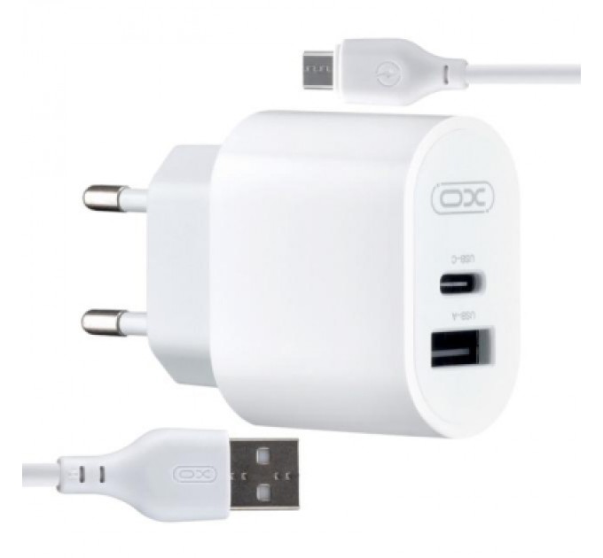 XO Зарядний пристрій XO L97 (1Type-C/1USB/2.4A) + USB - MicroUSB White (XO-L97-MC)