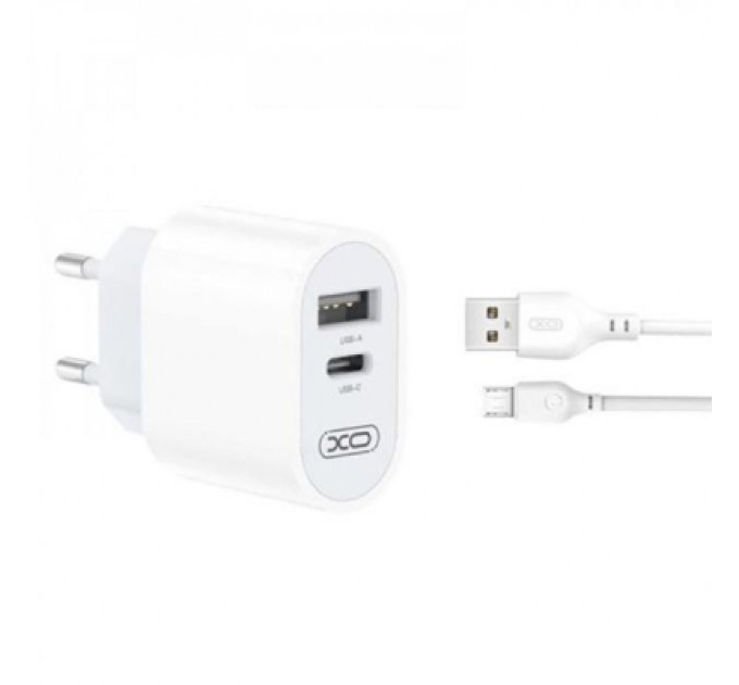 XO Зарядний пристрій XO L97 (1Type-C/1USB/2.4A) + USB - MicroUSB White (XO-L97-MC)
