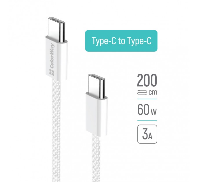 ColorWay Кабель ColorWay USB Type-C - USB Type-C (M/M), 3.0 А, 2 м, Gray (CW-CBPDCC068-GR)