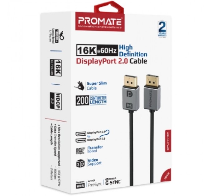Кабель мультимедійний DisplayPort to DisplayPort v.2.0 dplink-16k.black Promate (dplink-16k.black)