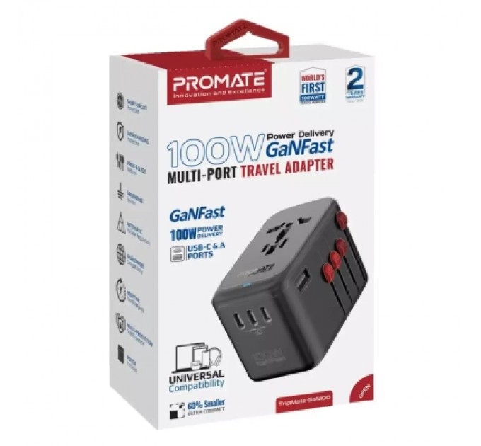 Promate Зарядний пристрій Promate tripmate-gan100
