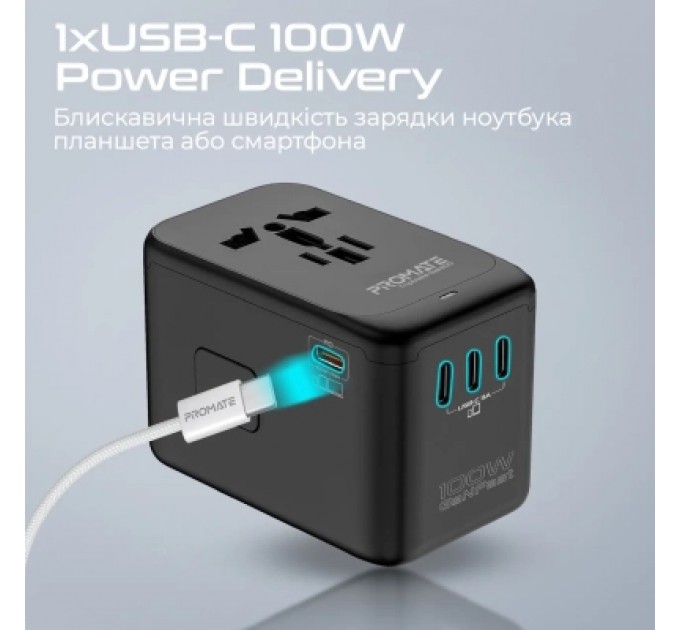 Promate Зарядний пристрій Promate tripmate-gan100