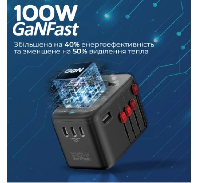 Promate Зарядний пристрій Promate tripmate-gan100