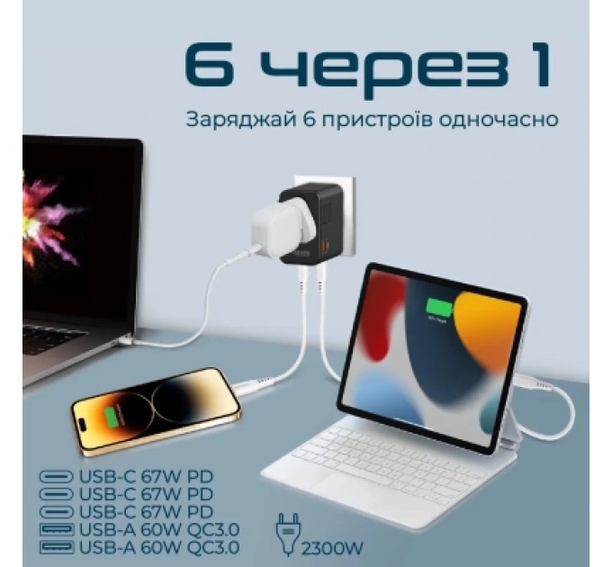 Promate Зарядний пристрій Promate tripmate-gan75