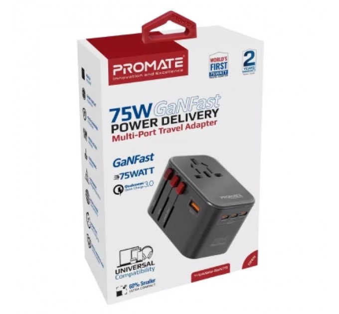 Promate Зарядний пристрій Promate tripmate-gan75