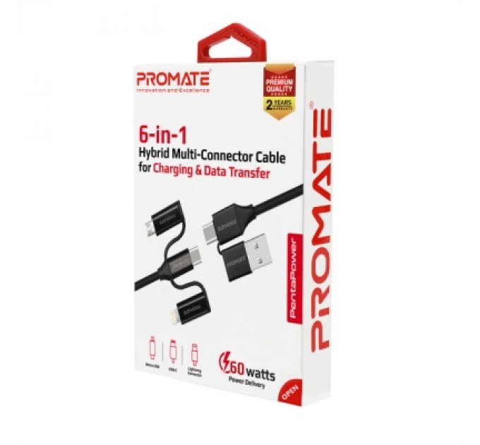 Дата кабель USB 2.0 AM to Lightning + Micro 5P + Type-C pentapower.black Promate (pentapower.black)