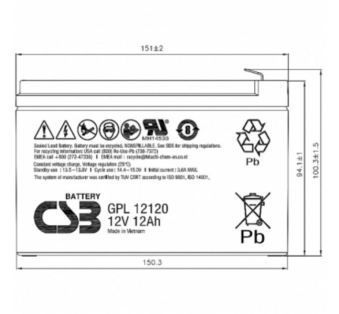 CSB Батарея до ДБЖ CSB 12В 12 Аг (GPL12120 F2)