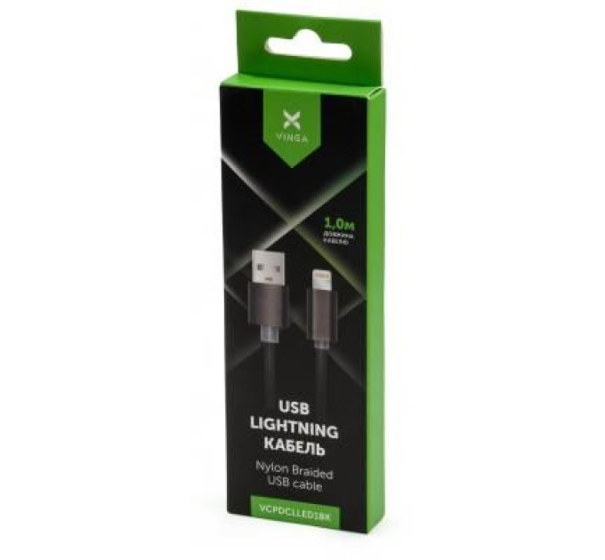 Vinga Дата кабель USB 2.0 AM to Lightning 1m LED black Vinga (VCPDCLLED1BK)
