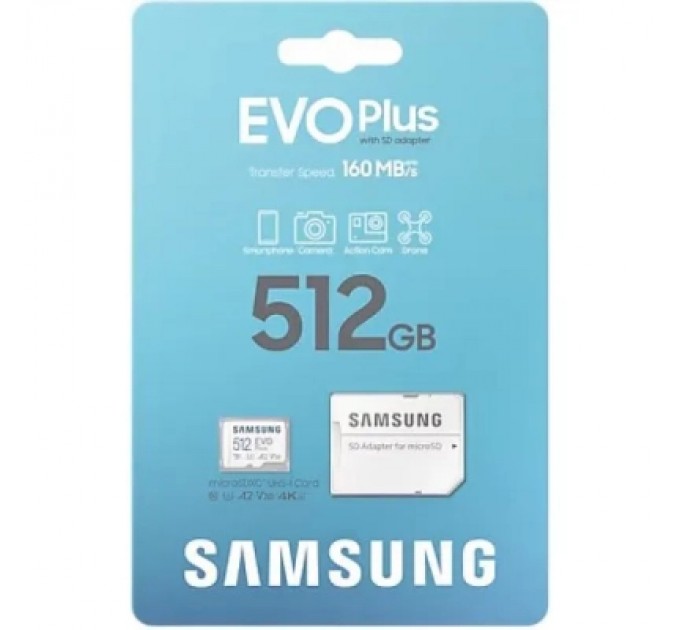 Карта пам'яті Samsung 512 GB microSDXC Class 10 UHS-I U3 V30 A2 EVO Plus+SD Adapte (MB-MC512SA/EU)