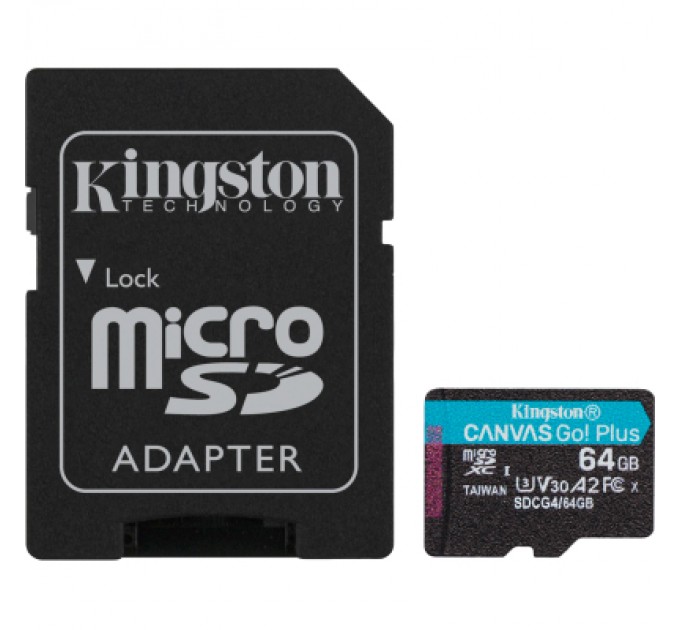 Kingston Карта пам'яті Kingston 64GB microSDXC сlass 10 UHS-I U3 V30 A2 Canvas Go Plus G4 (SDCG4/64GB)