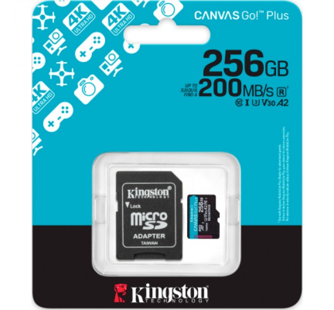 Kingston Карта пам'яті Kingston 256GB microSDXC сlass 10 UHS-I U3 V30 A2 Canvas Go Plus G4 (SDCG4/256GB)