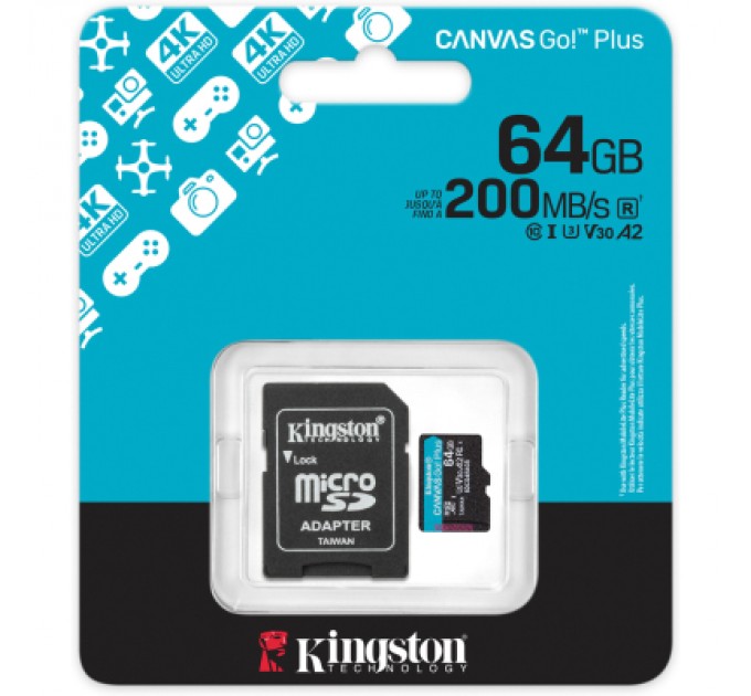 Kingston Карта пам'яті Kingston 64GB microSDXC сlass 10 UHS-I U3 V30 A2 Canvas Go Plus G4 (SDCG4/64GBSP)