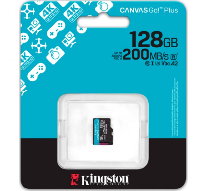 Kingston Карта пам'яті Kingston 128GB microSDXC сlass 10 UHS-I U3 V30 A2 Canvas Go Plus G4 (SDCG4/128GBSP)