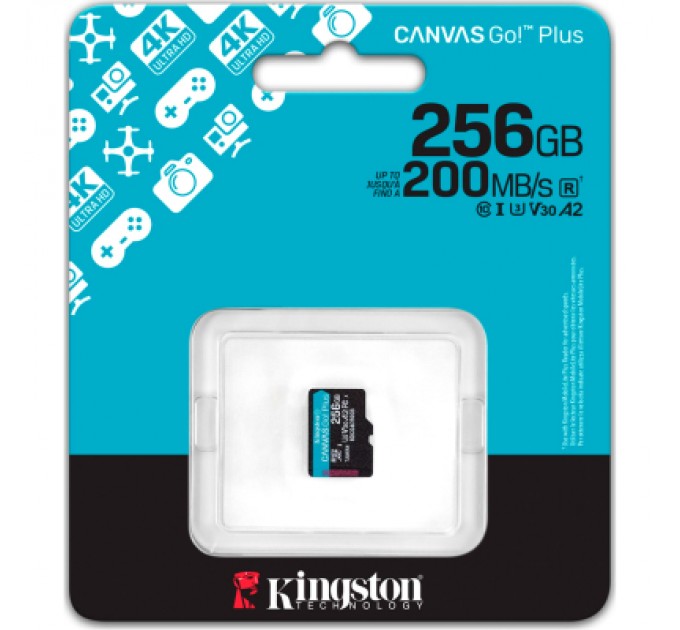 Kingston Карта пам'яті Kingston 256GB microSDXC сlass 10 UHS-I U3 V30 A2 Canvas Go Plus G4 (SDCG4/256GBSP)