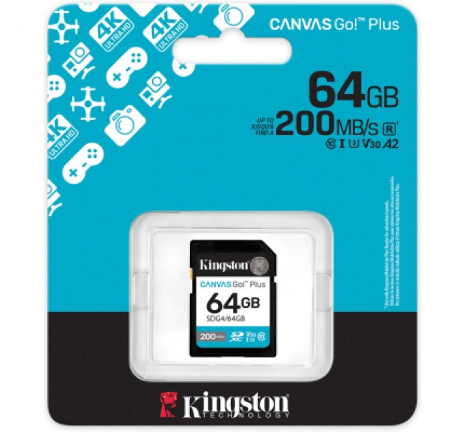 Kingston Карта пам'яті Kingston 64GB SDXC сlass 10 UHS-I U3 V30 Canvas Go Plus G4 (SDG4/64GB)