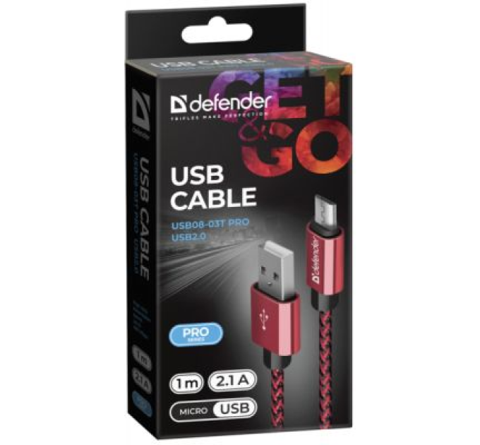 Defender Дата кабель USB 2.0 AM to Micro 5P 1.0m USB08-03T red Defender (87801)