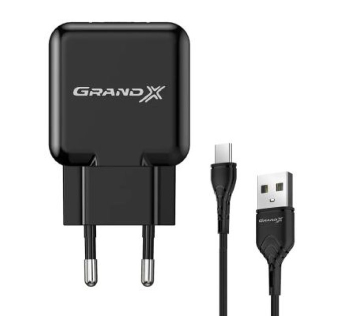 Grand-X Зарядний пристрій Grand-X CH-03T USB 5V 2,1A Black + cable USB -> Type C, Cu, 4A, TPE (CH-03T)