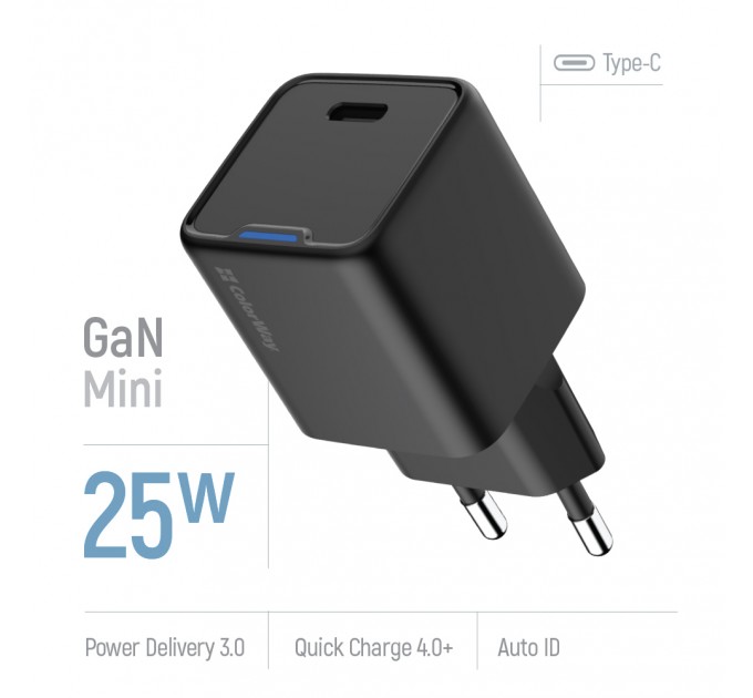 ColorWay Мережевий зарядний пристрій ColorWay GaN Mini 25W PD Port PPS USB-C Black (CW-CHS052PD-BK)