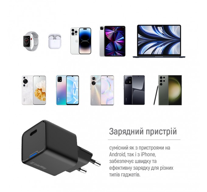 ColorWay Мережевий зарядний пристрій ColorWay GaN Mini 25W PD Port PPS USB-C Black (CW-CHS052PD-BK)
