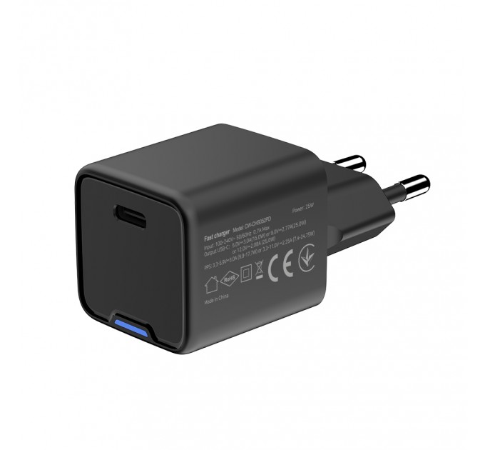 ColorWay Мережевий зарядний пристрій ColorWay GaN Mini 25W PD Port PPS USB-C Black (CW-CHS052PD-BK)