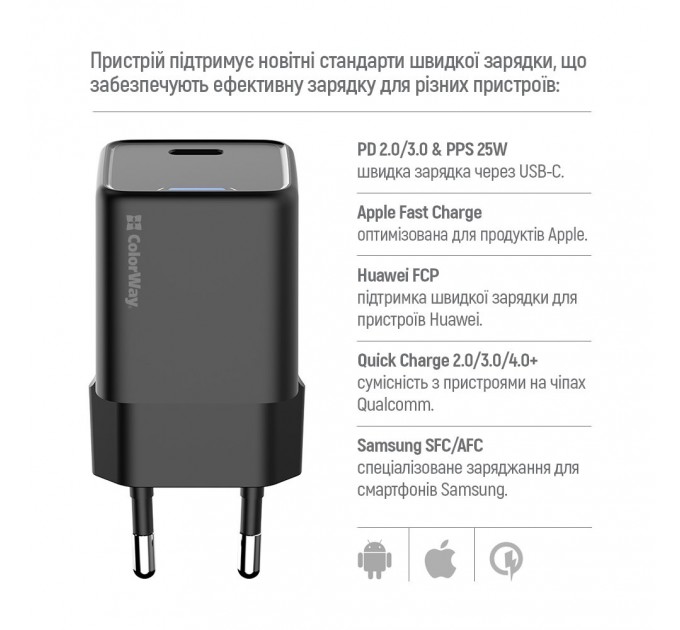 ColorWay Мережевий зарядний пристрій ColorWay GaN Mini 25W PD Port PPS USB-C Black (CW-CHS052PD-BK)