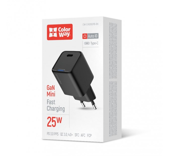 ColorWay Мережевий зарядний пристрій ColorWay GaN Mini 25W PD Port PPS USB-C Black (CW-CHS052PD-BK)