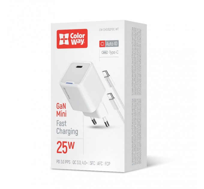Мережевий зарядний пристрій ColorWay GaN Mini 25W PD Port PPS USB-C White (CW-CHS052PDC-WT) + кабель USB Type-C