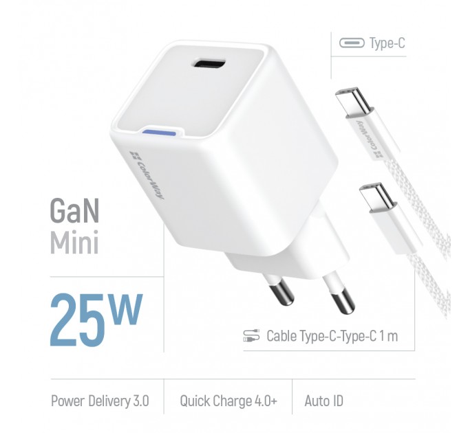 Мережевий зарядний пристрій ColorWay GaN Mini 25W PD Port PPS USB-C White (CW-CHS052PDC-WT) + кабель USB Type-C