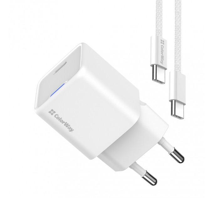 Мережевий зарядний пристрій ColorWay GaN Mini 25W PD Port PPS USB-C White (CW-CHS052PDC-WT) + кабель USB Type-C