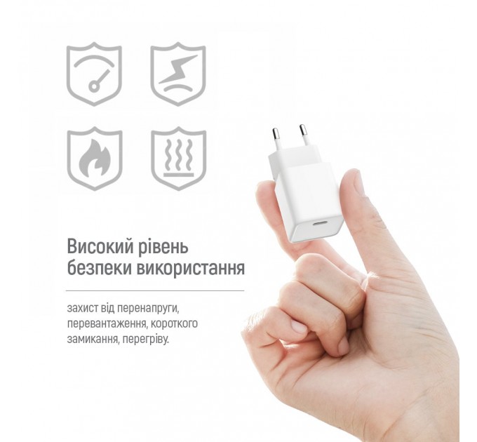 Мережевий зарядний пристрій ColorWay GaN Mini 25W PD Port PPS USB-C White (CW-CHS052PDC-WT) + кабель USB Type-C