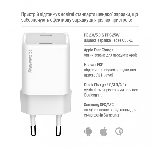 ColorWay Мережевий зарядний пристрій ColorWay GaN Mini 25W PD Port PPS USB-C White (CW-CHS052PD-WT)