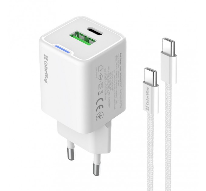 Мережевий зарядний пристрій ColorWay GaN Mini 30W PD Port PPS USB (Type-C PD + USB QC4.0) White (CW-CHS053PDC-WT) + кабель USB Type-C