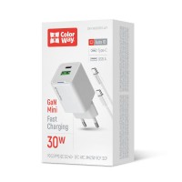 Мережевий зарядний пристрій ColorWay GaN Mini 30W PD Port PPS USB (Type-C PD + USB QC4.0) White (CW-CHS053PDC-WT) + кабель USB Type-C