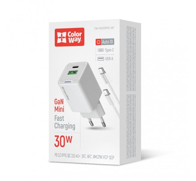 Мережевий зарядний пристрій ColorWay GaN Mini 30W PD Port PPS USB (Type-C PD + USB QC4.0) White (CW-CHS053PDC-WT) + кабель USB Type-C