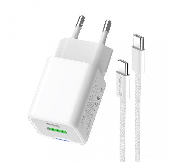Мережевий зарядний пристрій ColorWay GaN Mini 30W PD Port PPS USB (Type-C PD + USB QC4.0) White (CW-CHS053PDC-WT) + кабель USB Type-C