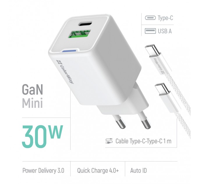 Мережевий зарядний пристрій ColorWay GaN Mini 30W PD Port PPS USB (Type-C PD + USB QC4.0) White (CW-CHS053PDC-WT) + кабель USB Type-C