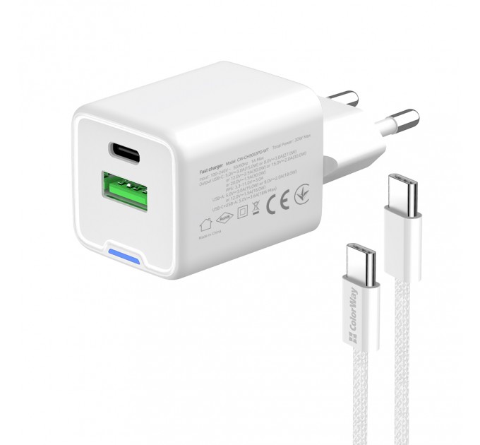 Мережевий зарядний пристрій ColorWay GaN Mini 30W PD Port PPS USB (Type-C PD + USB QC4.0) White (CW-CHS053PDC-WT) + кабель USB Type-C