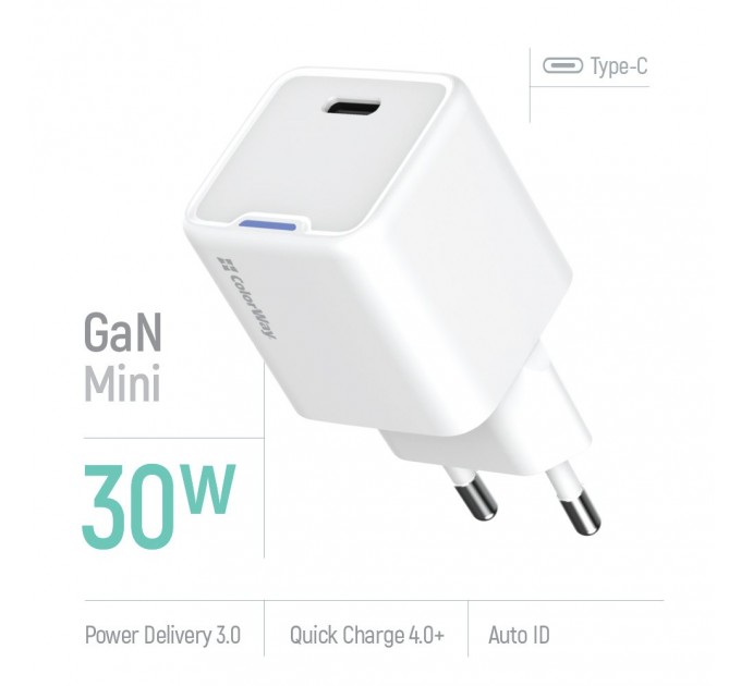 ColorWay Мережевий зарядний пристрій ColorWay GaN Mini 30W PD Port PPS USB-C White (CW-CHS054PD-WT)