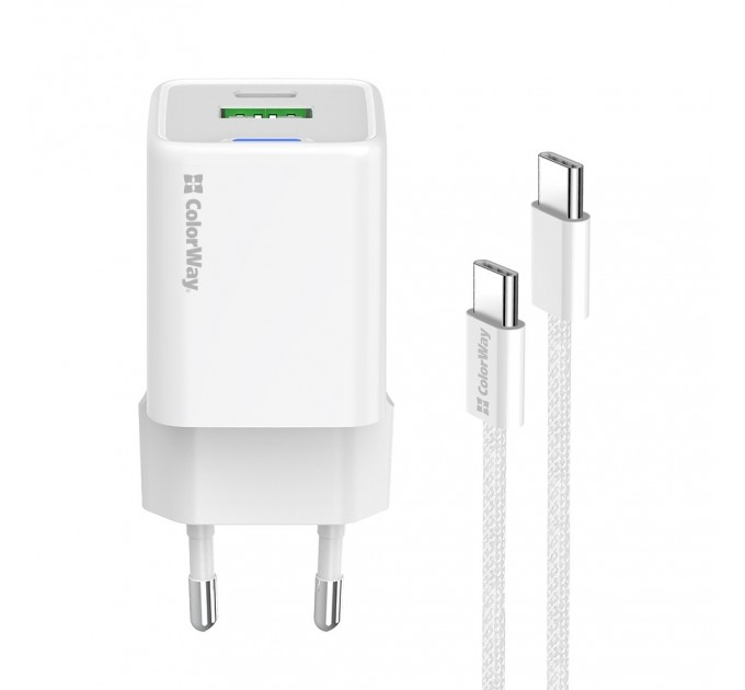 ColorWay Мережевий зарядний пристрій ColorWay GaN Mini 35W PD Port PPS USB (Type-C PD + USB QC4.0) White (CW-CHS055PDC-WT) + кабель USB Type-C