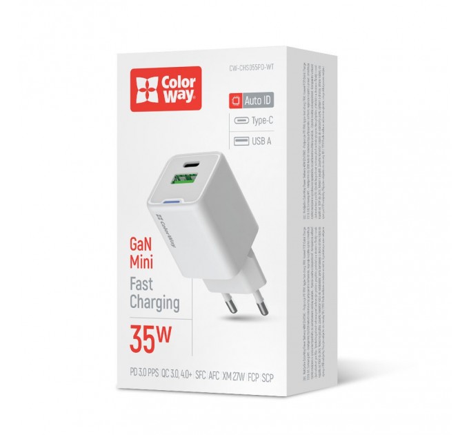 Мережевий зарядний пристрій ColorWay GaN Mini 35W PD Port PPS USB (Type-C PD + USB QC4.0) White (CW-CHS055PD-WT)