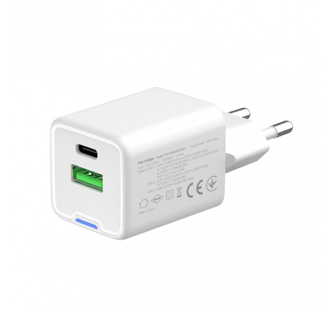 Мережевий зарядний пристрій ColorWay GaN Mini 35W PD Port PPS USB (Type-C PD + USB QC4.0) White (CW-CHS055PD-WT)