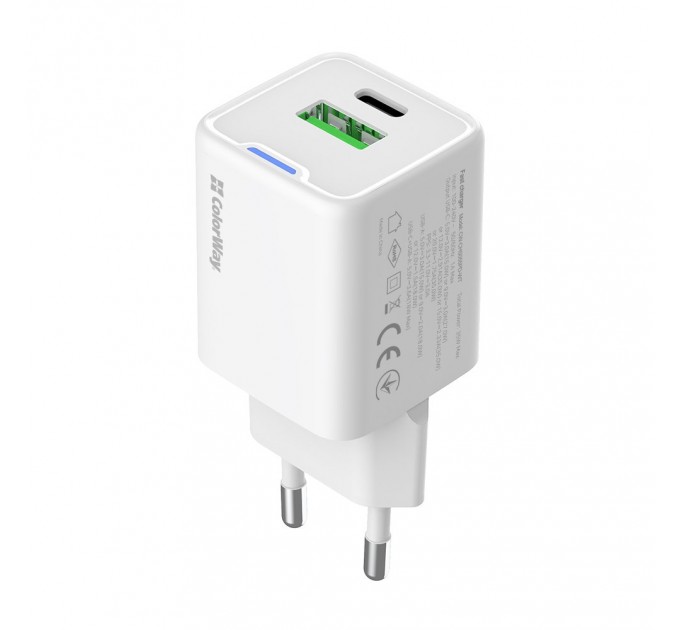 Мережевий зарядний пристрій ColorWay GaN Mini 35W PD Port PPS USB (Type-C PD + USB QC4.0) White (CW-CHS055PD-WT)