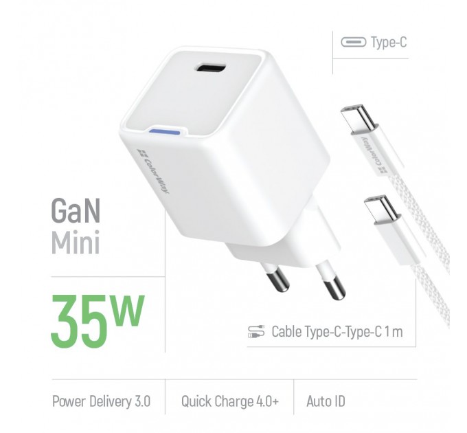 ColorWay Мережевий зарядний пристрій ColorWay GaN Mini 35W PD Port PPS USB-C White (CW-CHS056PDC-WT) + кабель USB Type-C