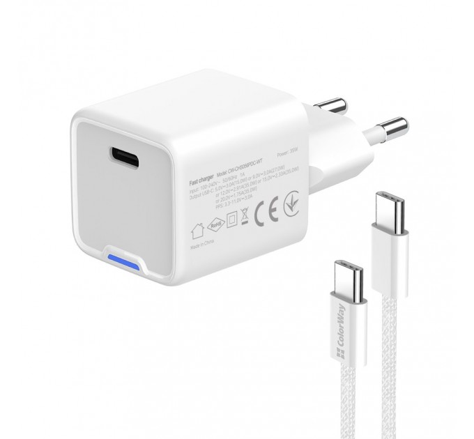 ColorWay Мережевий зарядний пристрій ColorWay GaN Mini 35W PD Port PPS USB-C White (CW-CHS056PDC-WT) + кабель USB Type-C