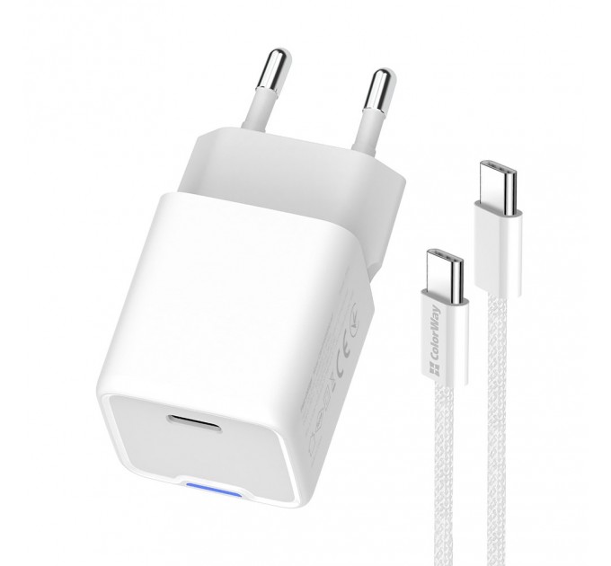 ColorWay Мережевий зарядний пристрій ColorWay GaN Mini 35W PD Port PPS USB-C White (CW-CHS056PDC-WT) + кабель USB Type-C