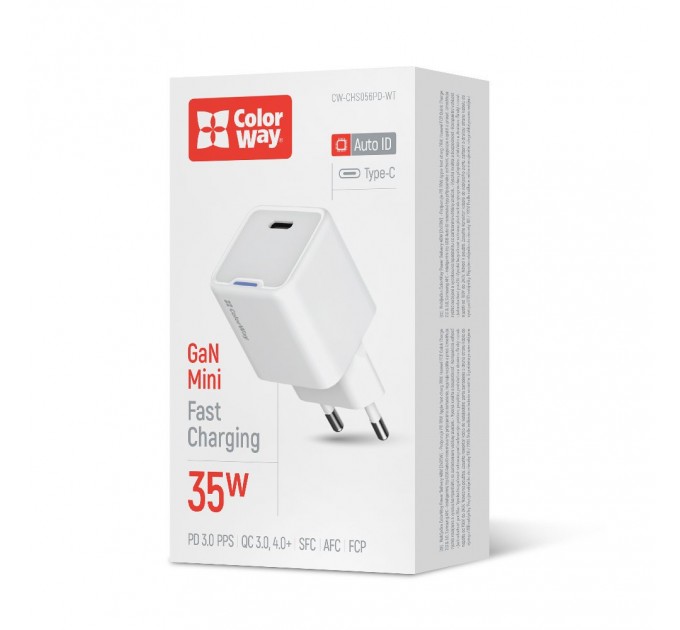 Мережевий зарядний пристрій ColorWay GaN Mini 35W PD Port PPS USB-C White (CW-CHS056PD-WT)