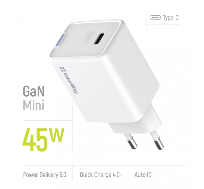 Мережевий зарядний пристрій ColorWay GaN Mini 45W PD Port PPS USB-C White (CW-CHS057PD-WT)